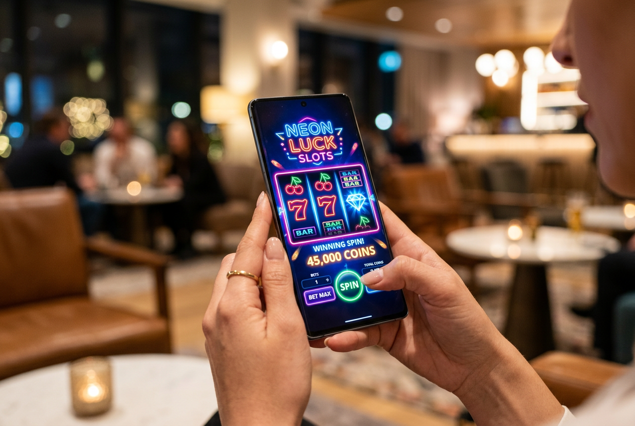 Person playing a colorful mobile slot game on a smartphone in portrait mode.