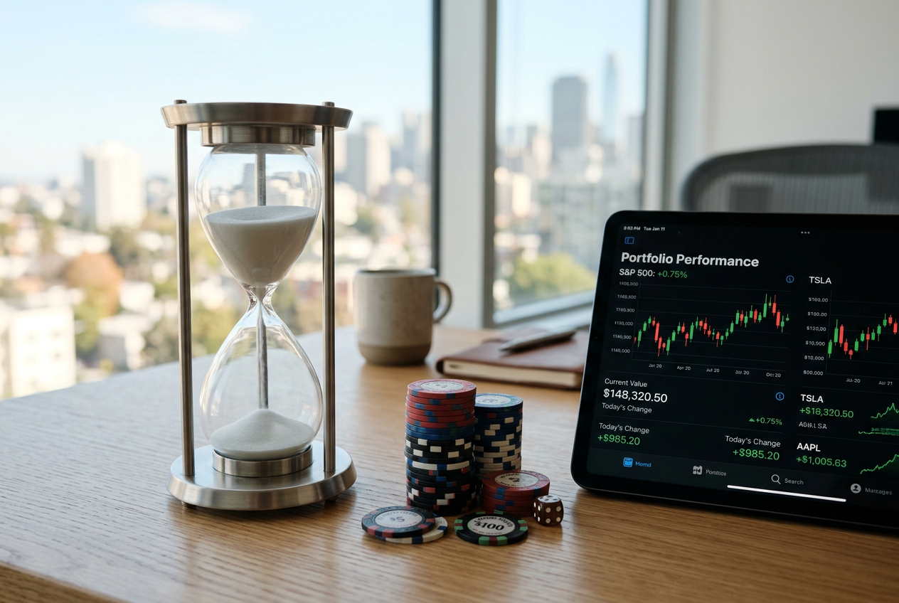 A clock and a stack of chips on a desk, representing time management in gaming
